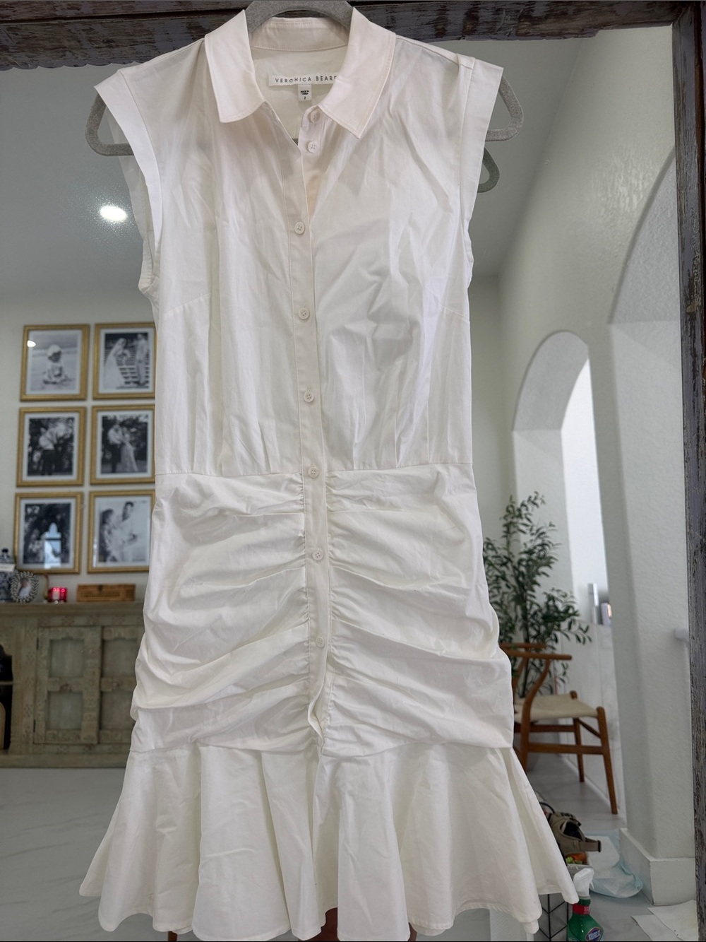 Veronica Beard White Sleeveless Ruched Shirt Dress with Ruffle Hem